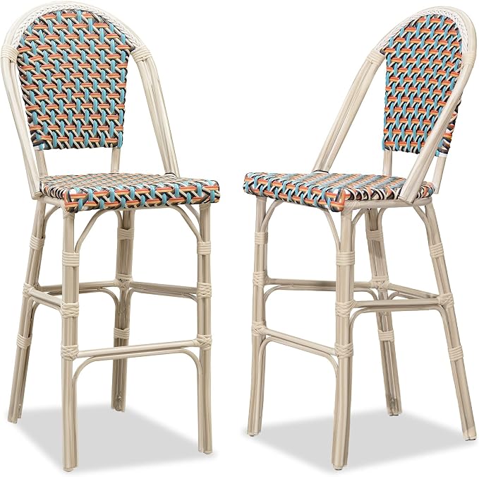 PURPLE LEAF French Bar Stool Set of 2 White Print Finish Patio Bar Stools by PURPLELEAF