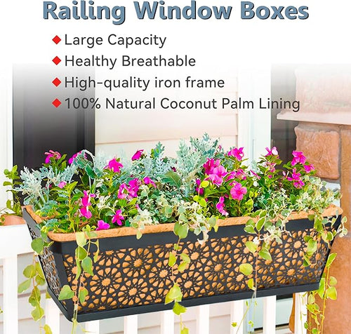 2 Pack 24" Railing Planter Window Box Deck Balcony Rail Planter Black Metal - Image 2