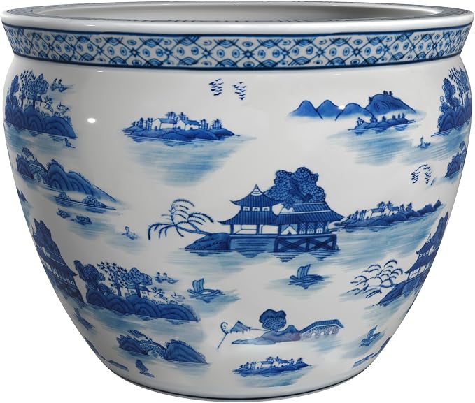 Red Lantern 16" Landscape Blue & White Porcelain Fishbowl Planter or Cachepot - Image 6