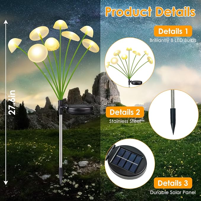 KAQ Solar Garden Lights Outdoor 6PK 48LED, Mushroom Solar Lights Outdoor - Image 4