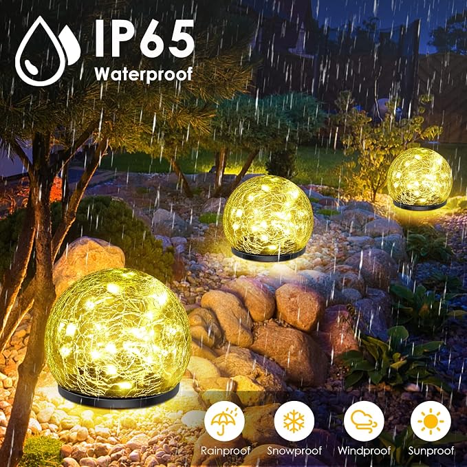 Solar Garden Lights, 2 Pack 80 LED Cracked Glass Solar Globe Lights Outdoor - Image 3