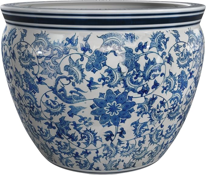 Red Lantern Large 18" Porcelain Fishbowl Blue & White Floral Planter or Cachepot by RedLantern