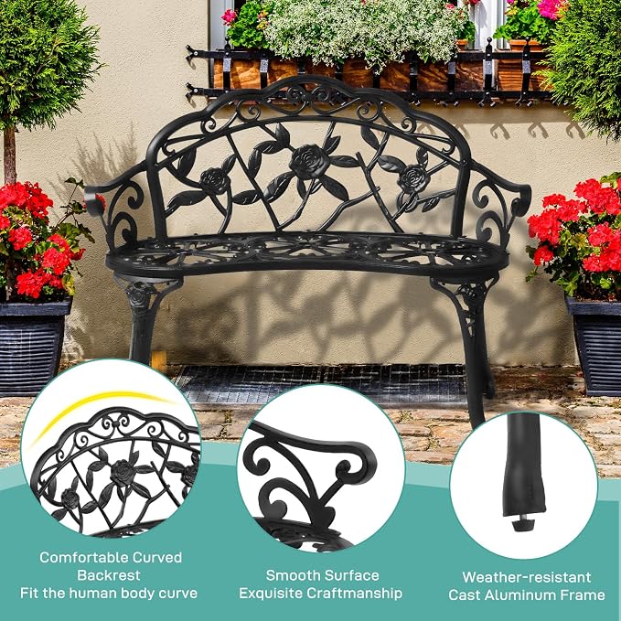 VINGLI 38.5" Patio Park Garden Outdoor Metal Rose Bench, 2-Person Cast Iron - Image 5