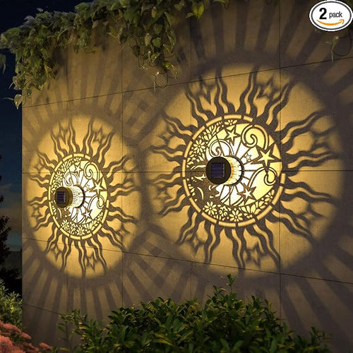 2 Pack Solar Fence Lights Metal Solar Powered Outdoor Wall Deck Lights Sun Moon by gardencave