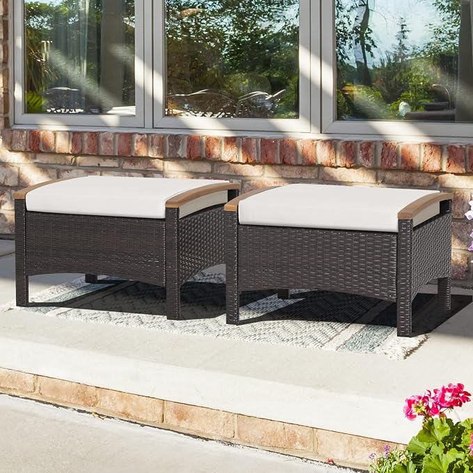 Tangkula 2 Piece Patio Rattan Ottomans, Outdoor Wicker Footstool w/Acacia Wood - Image 2