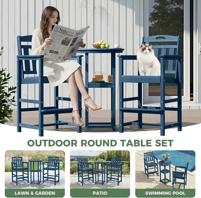 HDPE Outdoor Patio Tall Bar Chair, All-Weather Bar Height Balcony Adirondack - Image 7