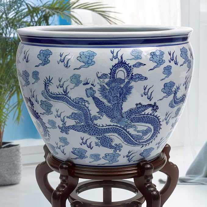 Red Lantern 18" Dragon Blue & White Porcelain Fishbowl - Image 8