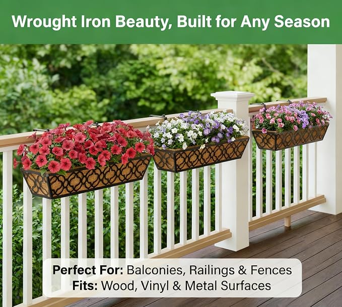 Y&M 24 Inch Window Deck with Coco Liner, Fence Metal Hanging Flower Planter - Image 8