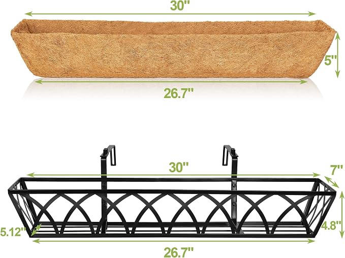 30 Inch Window Deck with Coco Liner Set of 4, Metal Hanging Flower Planter - Image 2
