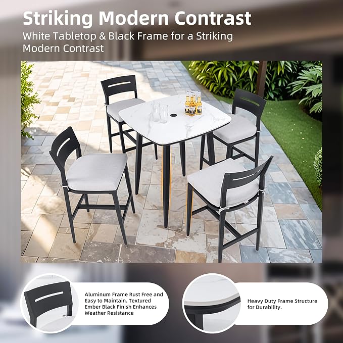 Modern 5PCS Outdoor Patio Bar Set, Rounded Square 35.4'' Sintered Stone Table & - Image 3