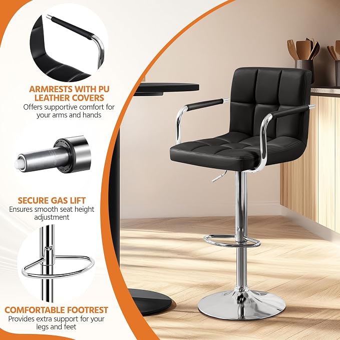 Yaheetech Bar Stools, PU Leather Adjustable Swivel Barstools, Hydraulic Kitchen - Image 5