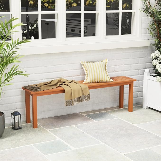 Tangkula Outdoor Wood Bench, 59” Long Patio Dining Bench, Backless Wooden Bench - Image 2