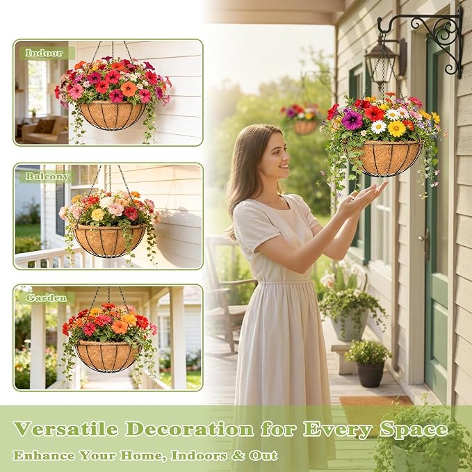 4 Pack 14 Inch Hanging Baskets for Plants Outdoor Metal Hanging Planter Hanging - Image 2