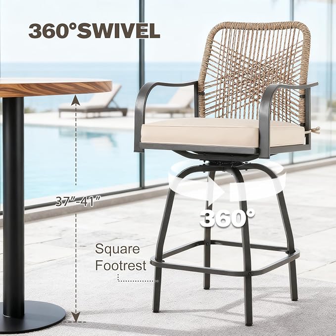Patio Swivel Bar Stools Set of 2, Outdoor Rattan Height Bar Patio Swivel Chairs - Image 5