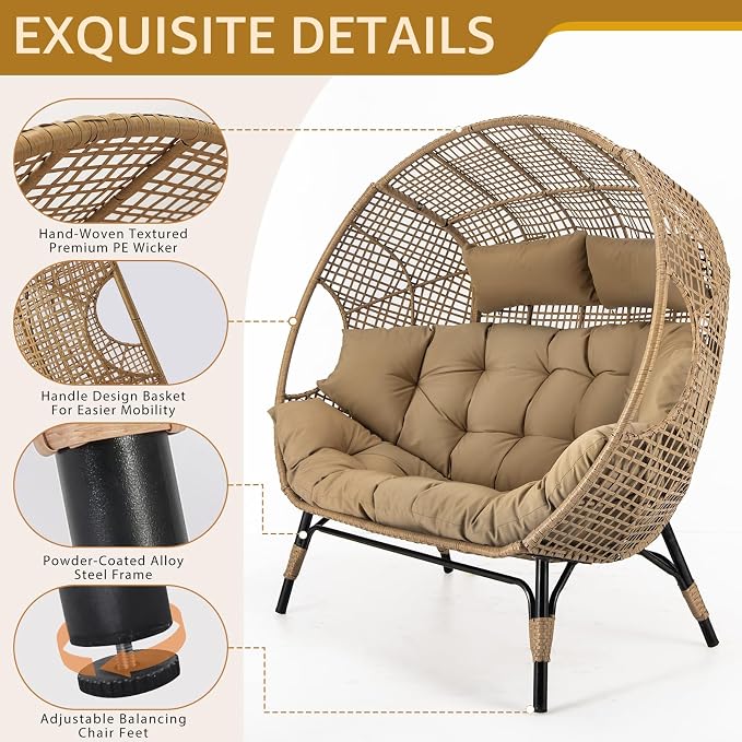 NICESOUL Double Egg Chair with Footstools & Cushions, Oversized Wicker Boho - Image 5