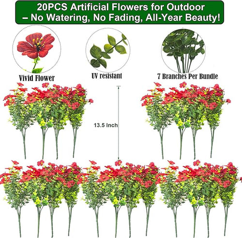 20 Bundles Artificial Flowers for Outdoors, UV Resistant Fake Plants Flowers - Image 2