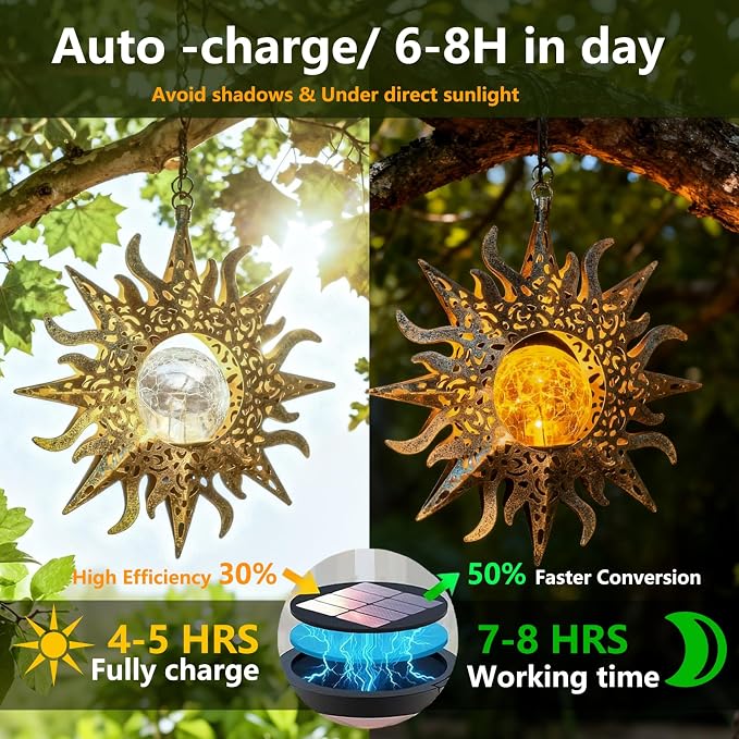 Solar Lights Outdoor Garden Decor Hanging Lanterns Decoration Metal Sunflower - Image 4