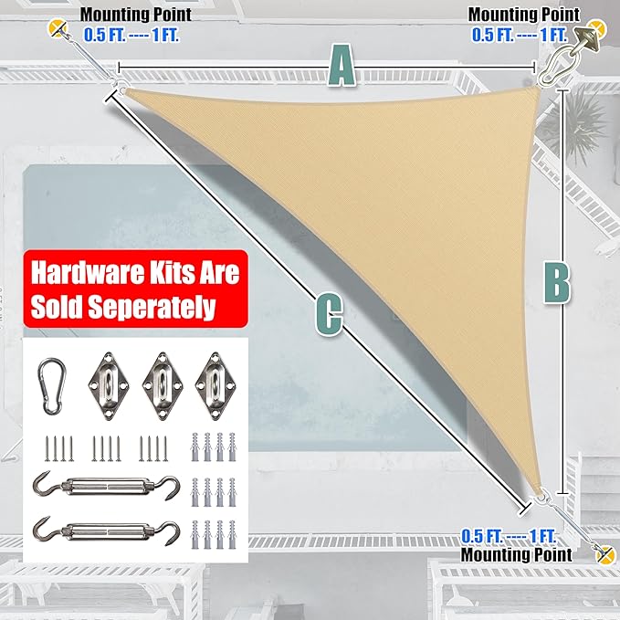 Amgo Custom Size 14' x 19' x 23.6' Beige Right Triangle Sun Shade Sail Order to - Image 7