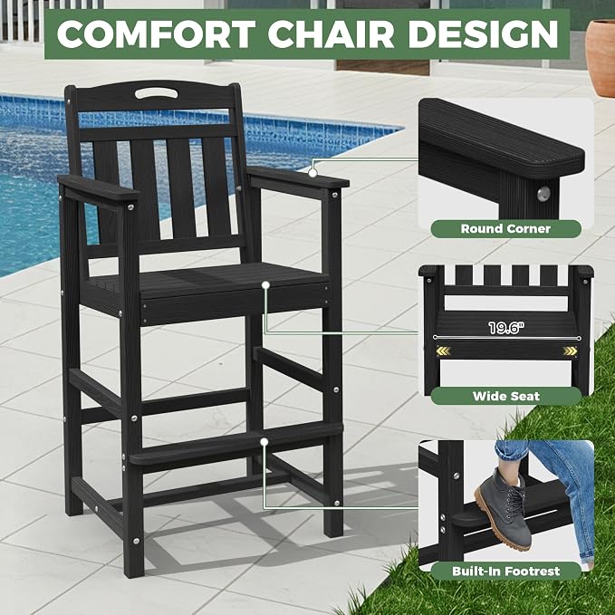 Outdoor Patio Bar Height Table and Tall Adirondack Chairs Set of 2, All-Weather - Image 4