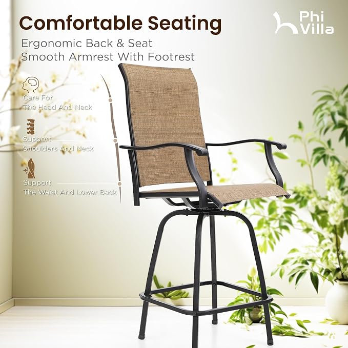PHI VILLA Outdoor Swivel Bar Stools Set of 2, Bar Height Patio Chairs 30" Seat - Image 7