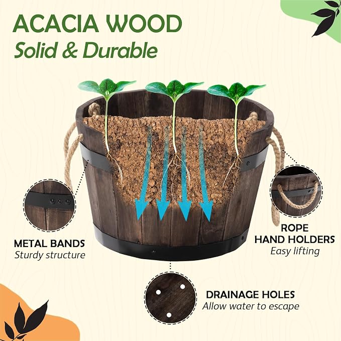 Set of 3 Wooden Flower Boxes Outdoor, Durable Acacia Wood Barrel Planters - Image 3