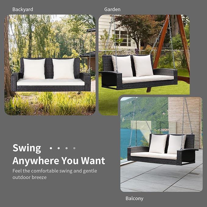 RELAX4LIFE Porch Swing 2-Seat Patio Rattan, Wicker Porch Swings Outdoor W/Two - Image 9