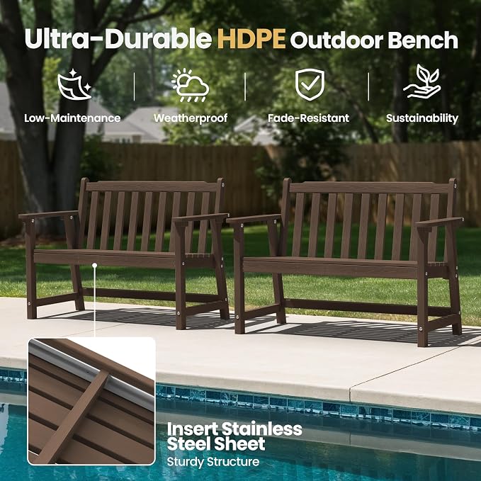 Ciokea 48" Outdoor Bench, HDPE Weatherproof Porch Bench, 2-Person Garden Benches - Image 3