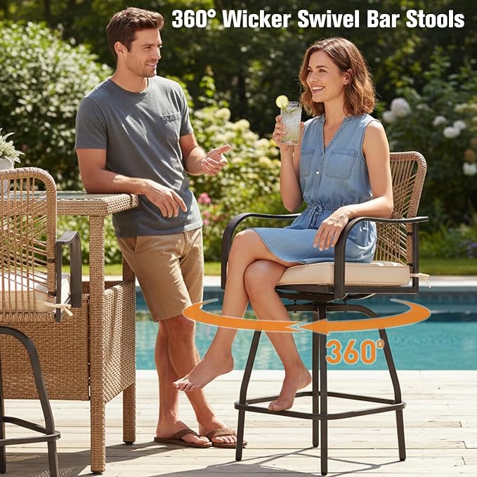 Outdoor Bar Stools Set of 4, 360° Swivel Metal Frame, Wicker Patio Bar Height - Image 4