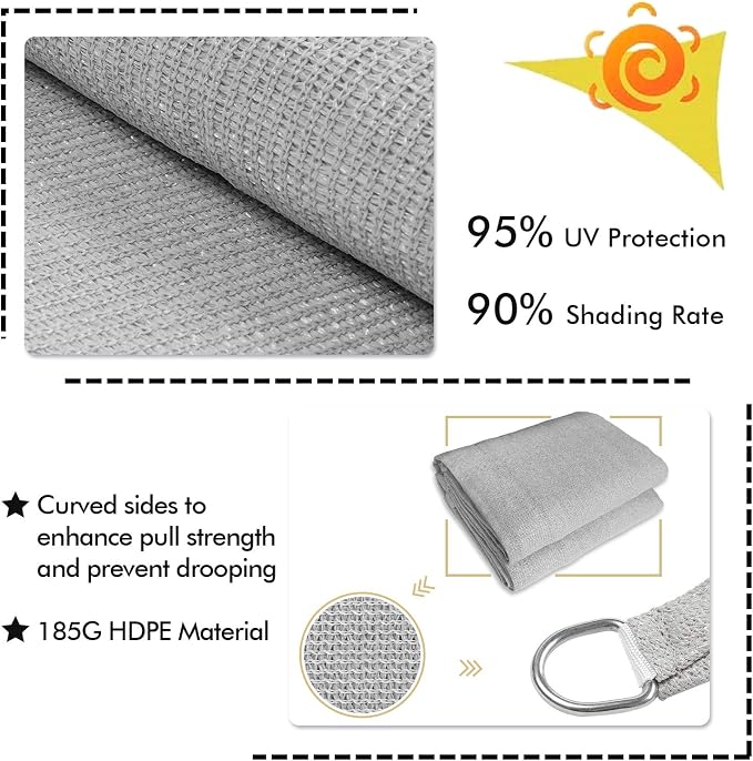 KANAGAWA Sun Shade Sail 12'x12'x17' Gray Triangle UV Block Canopy Awning - Image 3