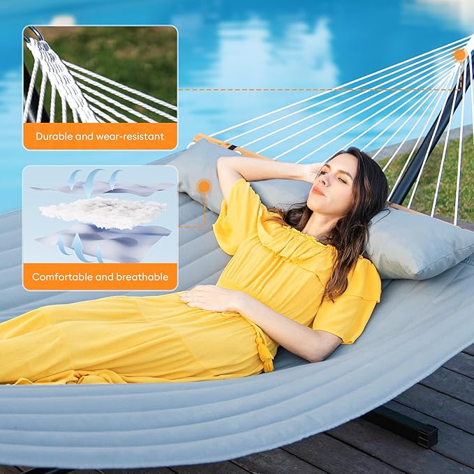 Double Hammock with Spreader Bar & Pillow, Portable 500lbs Capacity - Image 3