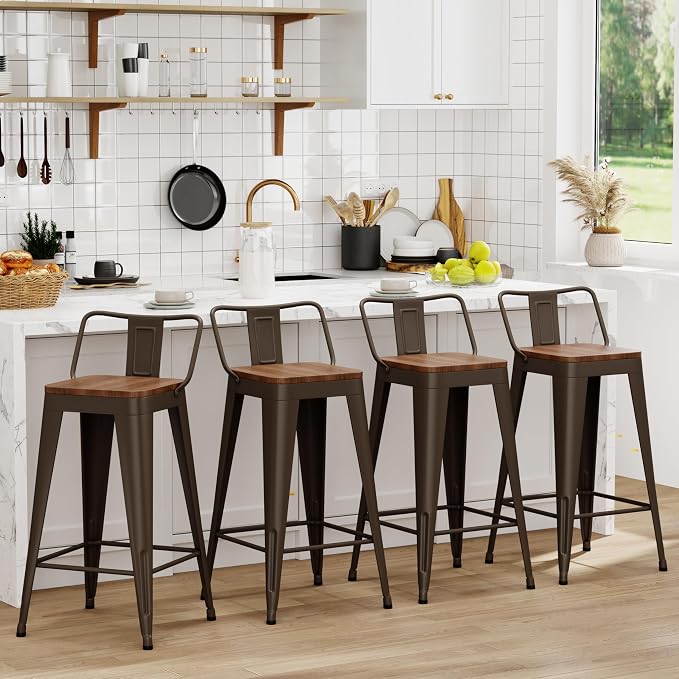 WENTMENT Industrial Rusty Bar Stools Set of 4, Wooden Seat, Removable Back by WENTMENT