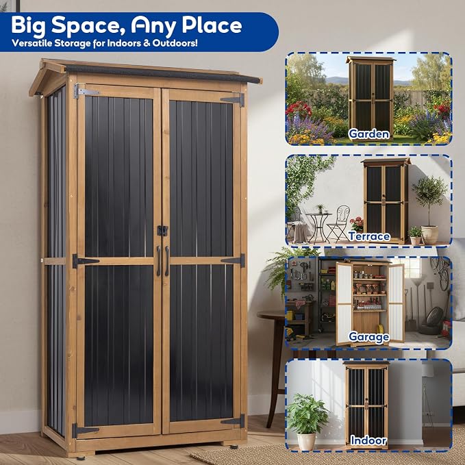 Outdoor Storage Cabinet Weather-Resistant, Wood & Metal Storage Shed - Image 7
