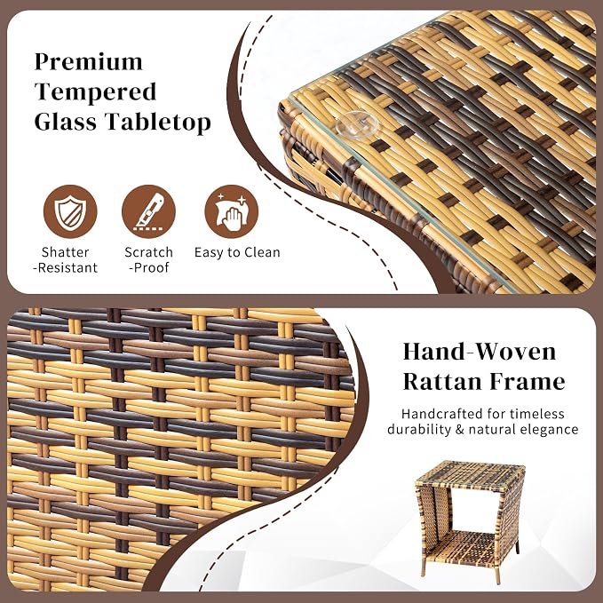 Wicker Rattan Side Table, Outdoor Square Rattan Coffee End Table - Image 5