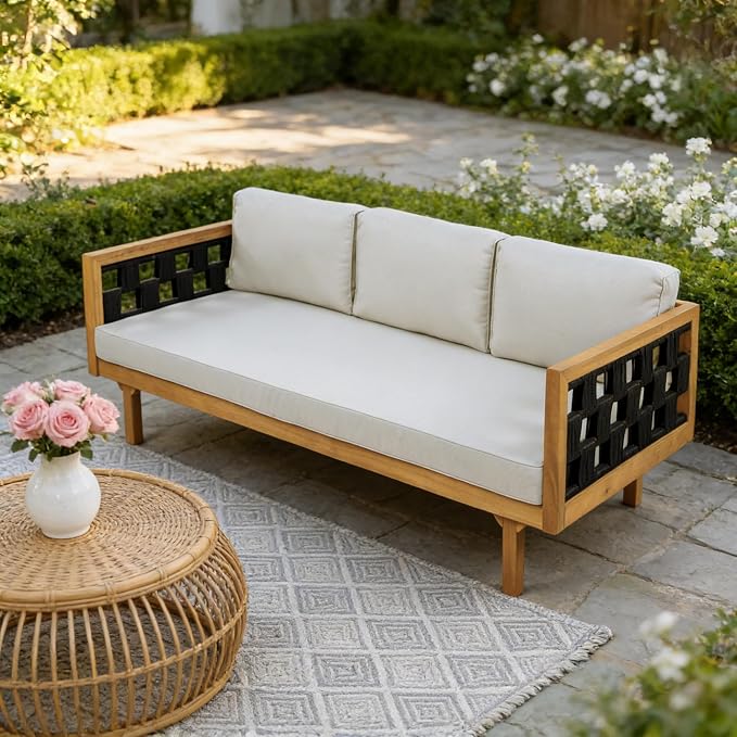 Merax Outdoor 3 Seater Daybed, Acacia Wood Patio Day Bed Couch Sofa - Image 3