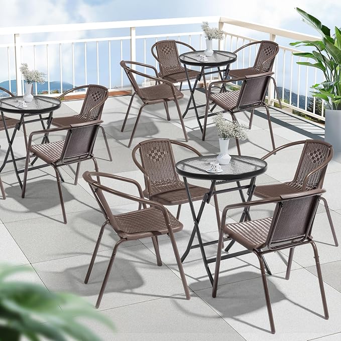 VINGLI PE Rattan Outdoor Dining Chairs Set of 4, Plastic Stackable Patio Chairs - Image 8
