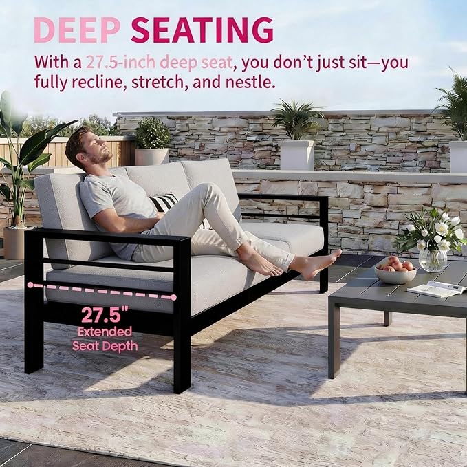 Kiss the Water Outdoor Couch Aluminum Patio Furniture Sofa, 3 Seat All-Weather - Image 5