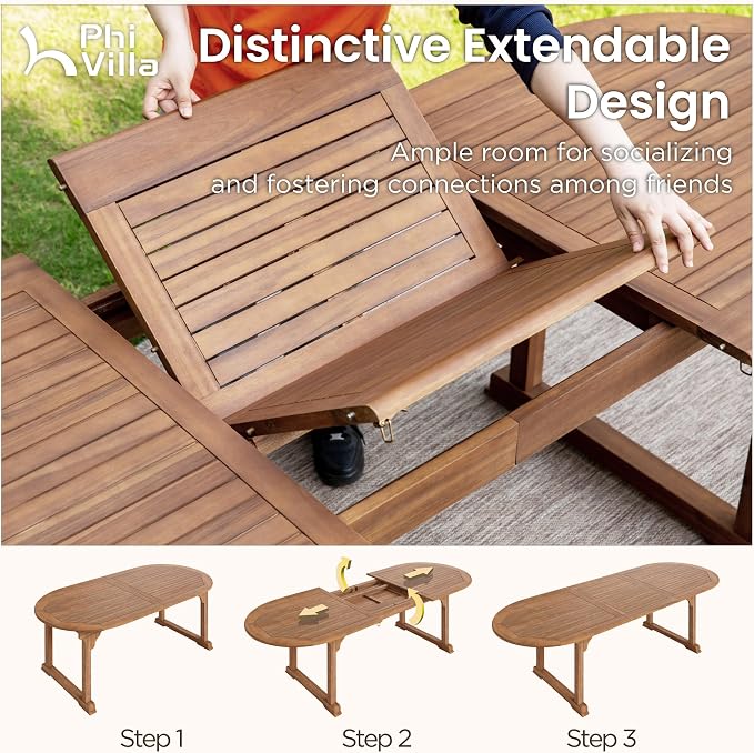 PHI VILLA Outdoor Acacia Wood Expandable Table - Image 2