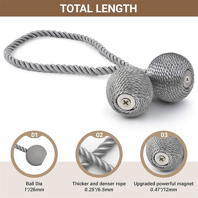 Hion Magnetic Curtain Tiebacks Grey 6 Pack, Curtain Tiebacks Buckles Holdbacks - Image 2