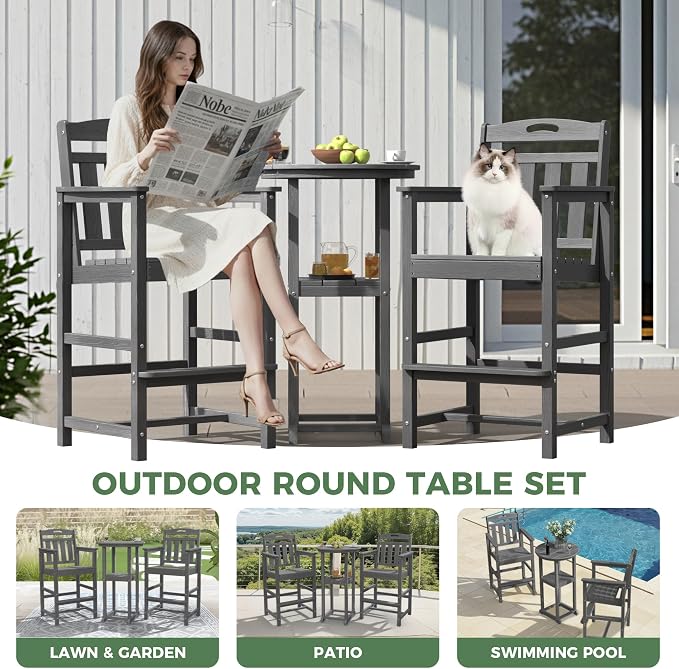 Outdoor Patio Tall Adirondack Bar Chairs Set of 2, All-Weather HDPE Bar Height - Image 7