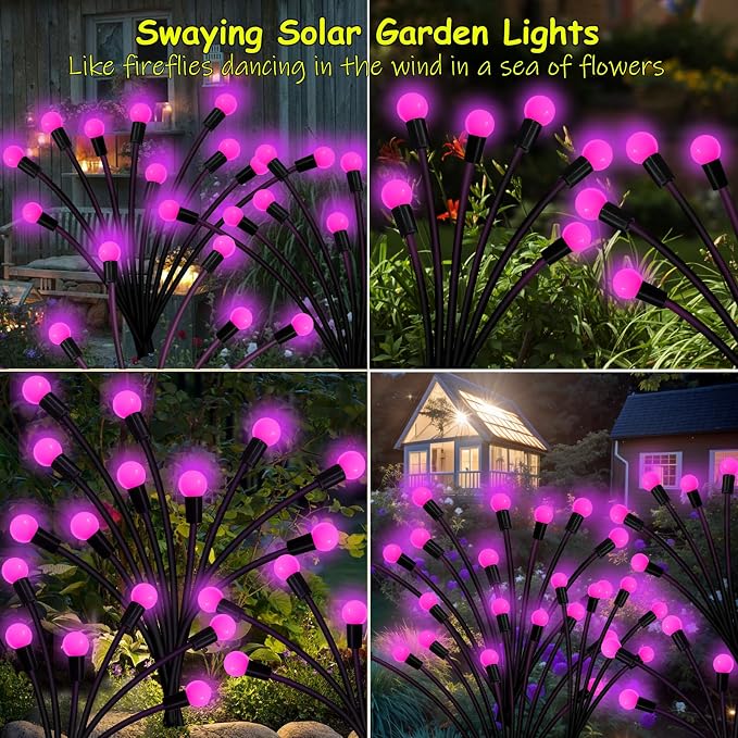 Kohlrabi Solar Garden Lights Outdoor, 6 Pack 60 LED Pink Firefly Lights - Image 4