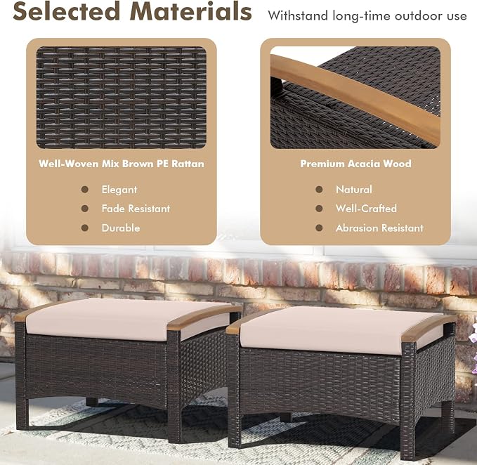 Tangkula 2 Piece Patio Rattan Ottomans, Outdoor Wicker Footstool w/Acacia Wood - Image 5