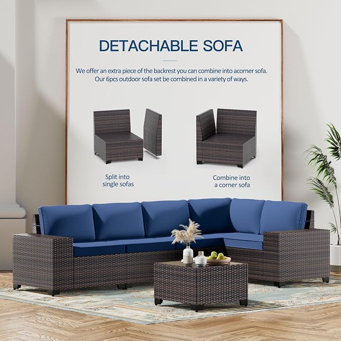 Kullavik 6PCS Outdoor Patio Furniture Set PE Wicker Rattan Sectional Sofa Patio - Image 5