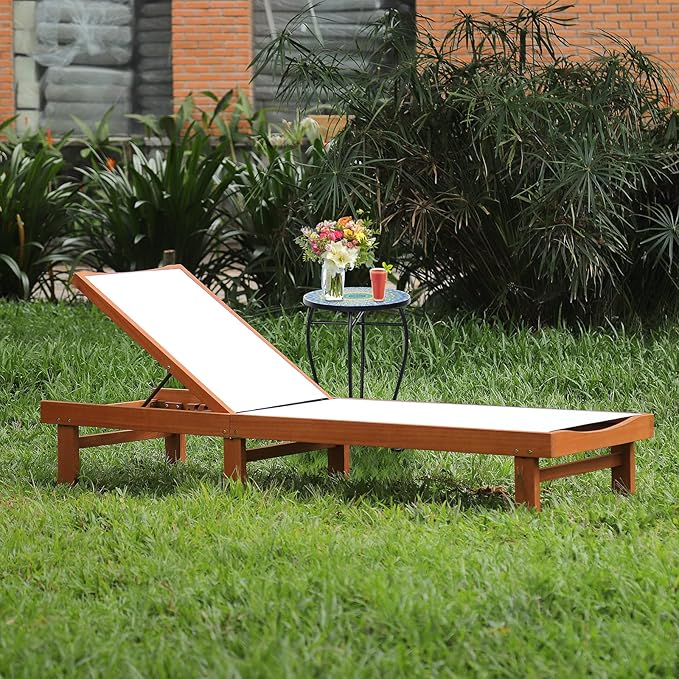 COSTWAY Patio Wood Chaise Lounge Chair, Strong Eucalyptus Wood Frame, - Image 2