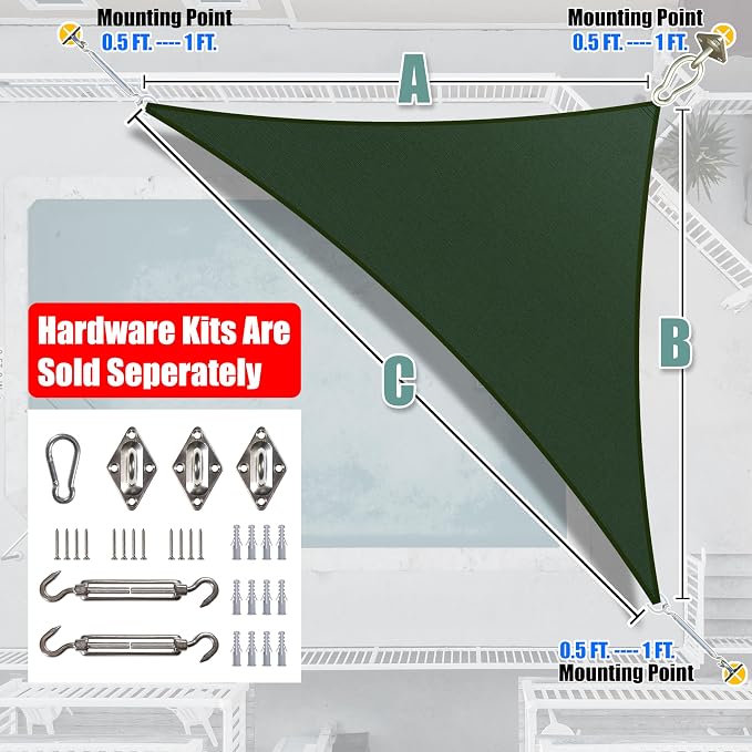 Amgo Custom Size 6' x 9' x 10.8' Green Right Triangle Sun Shade Sail UPF50+ - Image 8