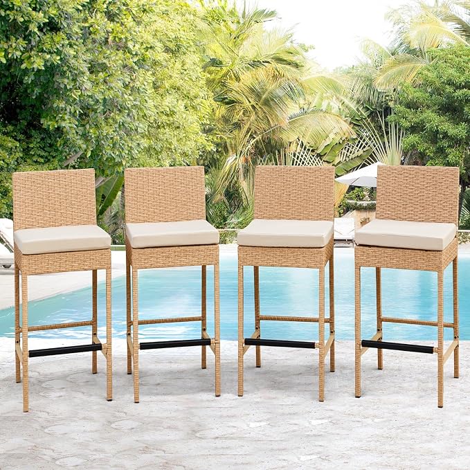 ECOTOUGE Rattan Bar Stools Set of 4, Wicker Woven Patio Stools & Patio Bar - Image 2