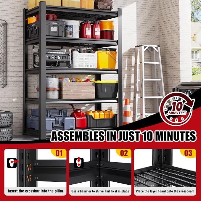 Set of 3 Garage Shelving-3000 lbs 5 Tier Storage Shelves, Adjustable Heavy Duty - Image 7