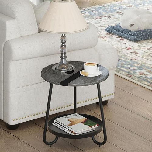 2 Tier Coffee Table in Living Room, Industrial Style Round Coffee Table - Image 2