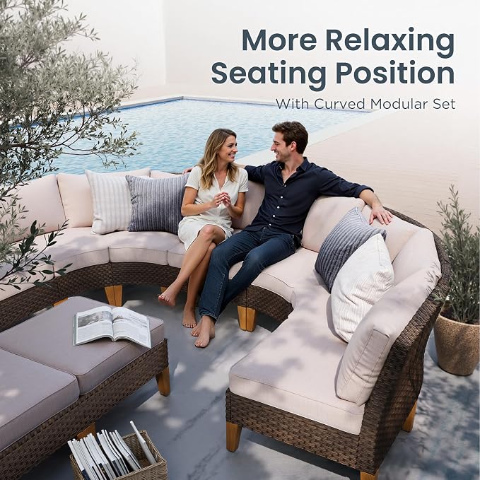 PHI VILLA 8-Piece Half-Moon Patio Furniture Set, Outdoor Wicker Sectional Sofa - Image 3