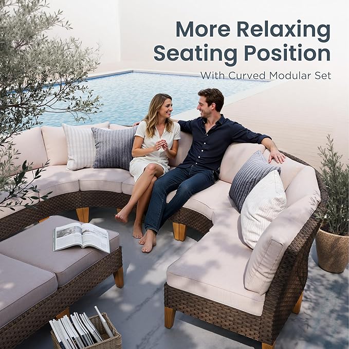 PHI VILLA 10-Piece Wicker Patio Furniture Set, Outdoor Half-Moon Curved - Image 3