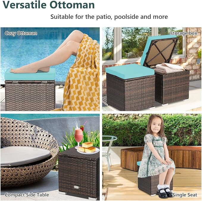 Tangkula 2 Pieces Patio Ottomans, Patiojoy Hand-Woven PE Rattan Side Table - Image 6